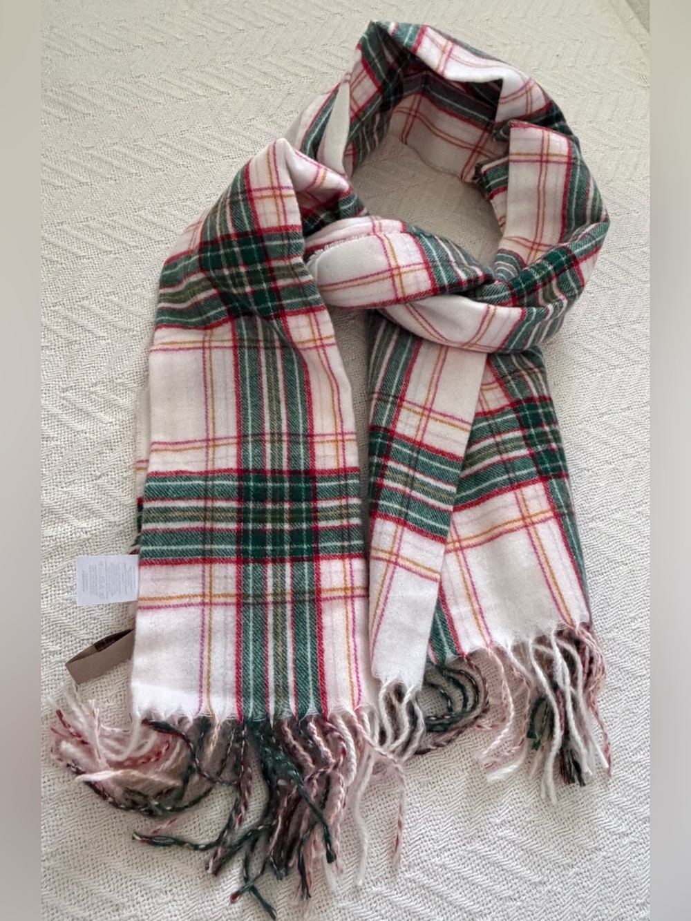 LOFT Women’s Cream Plaid Scarf with Green and Red Accents